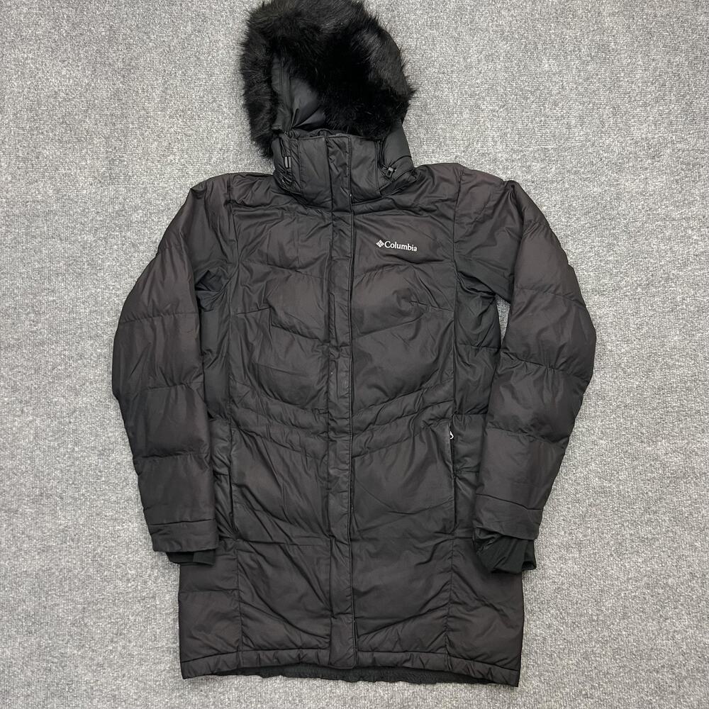 Columbia Jacket Womens XS Black Long Hooded Puffer Parka Faux Fur Trim Warm